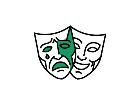 A split comedy and tragedy mask features contrasting green faces with bold black outlines and white backgrounds.