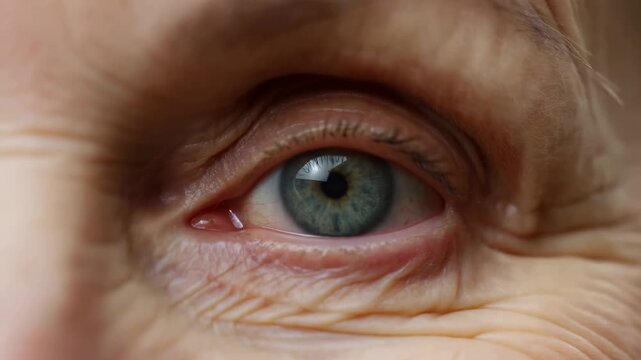 Extreme close-up of an older person's green eye opening toward the camera amid facial wrinkles. Eye care advertising, ophthalmology education, and vision health campaigns.