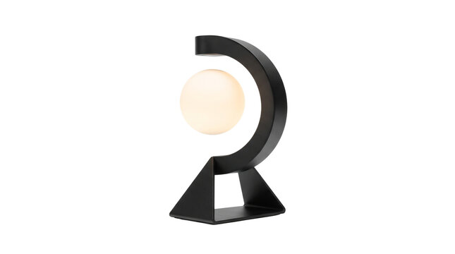 Modern magnetic levitating desk lamp, futuristic floating moon light with black geometric base, minimalist circular table lamp for home office decor