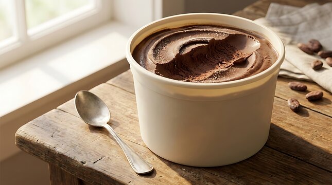A cup of creamy chocolate mousse dessert with a silver spoon on a wooden table. gallon ice cream