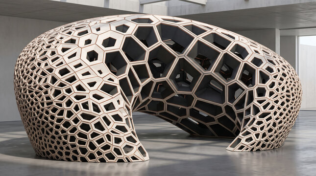 Abstract hexagonal lattice sculpture with parametric architectural design in a gallery space.