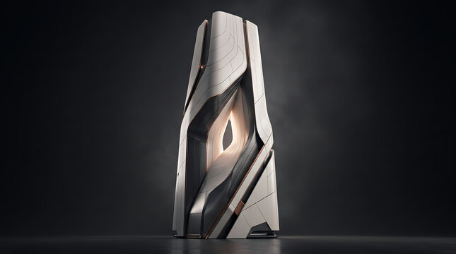 Illuminated parametric monolith sculpture with abstract geometric design on dark background