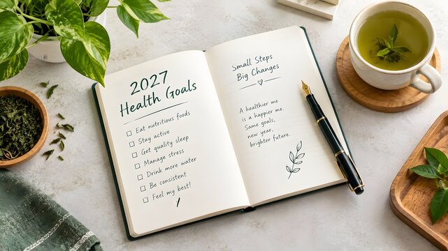 2027 Health Goals journal with handwritten wellness checklist, open notebook on desk with green tea and fountain pen, self-care and lifestyle planning