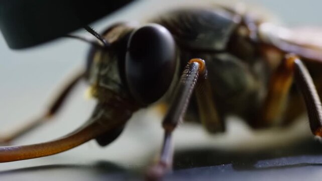 Large flying insect crawling across a surface in an extreme macro close-up. Entomology education, biology presentations, and nature documentaries.