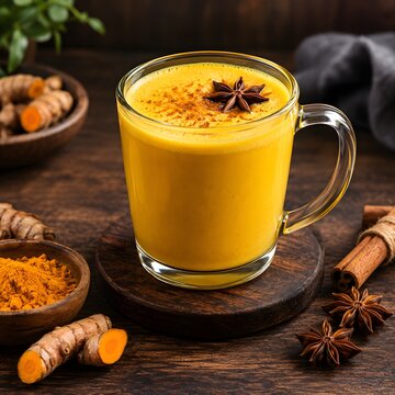 Golden turmeric latte in glass mug, healthy ayurvedic milk with star anise and cinnamon, warm yellow ginger tea on rustic wooden table