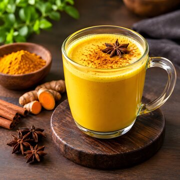 Golden turmeric latte in glass mug, healthy ayurvedic haldi doodh with star anise, yellow ginger milk tea with cinnamon and spices on dark wood