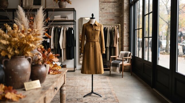 Elegant Mustard Brown Wool Trench Coat on Mannequin in a Stylish High-End Boutique Autumn Interior