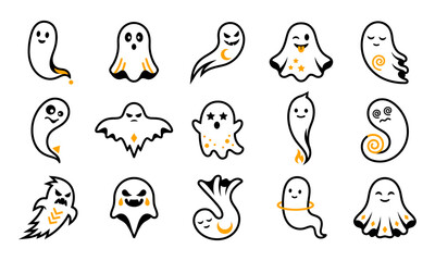 Obraz premium Collection of cute and spooky ghost characters for halloween design projects