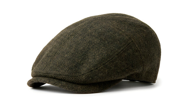 Black flat cap felt hat on white background isolated on white background