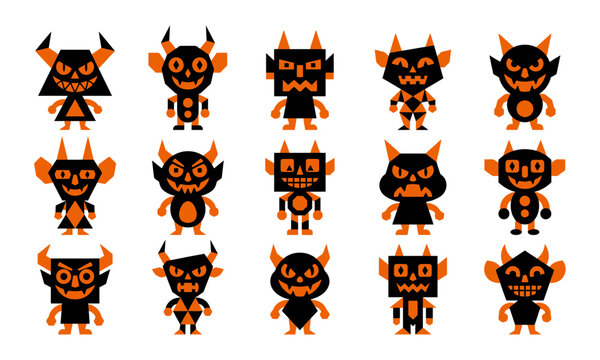Set of cute geometric devil characters for halloween design and decoration