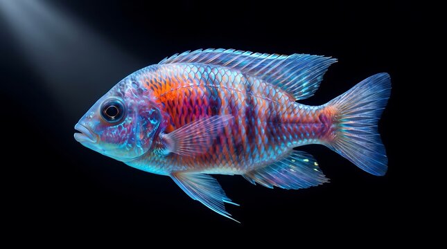 Colorful tropical cichlid fish swimming against a black background