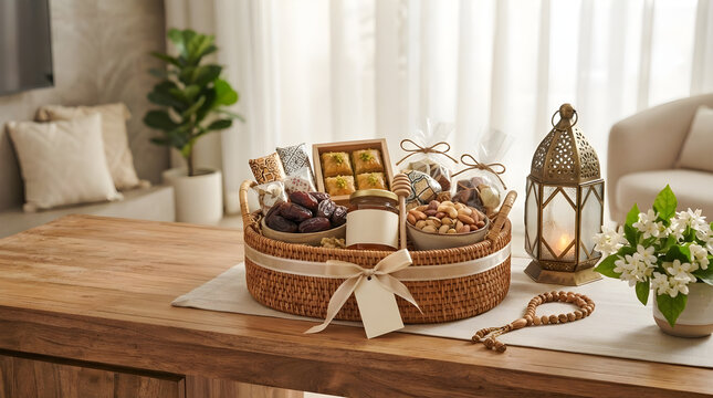 Luxury Eid holiday gourmet gift hamper with traditional sweets and lantern arranged on a wooden table in a bright modern living room