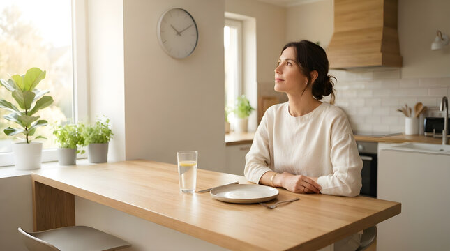 Woman practicing intermittent fasting checking time in bright modern kitchen with empty plate and glass of water