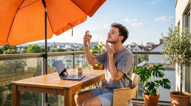 Remote worker applying facial sunscreen spray on sunny balcony home office wellness