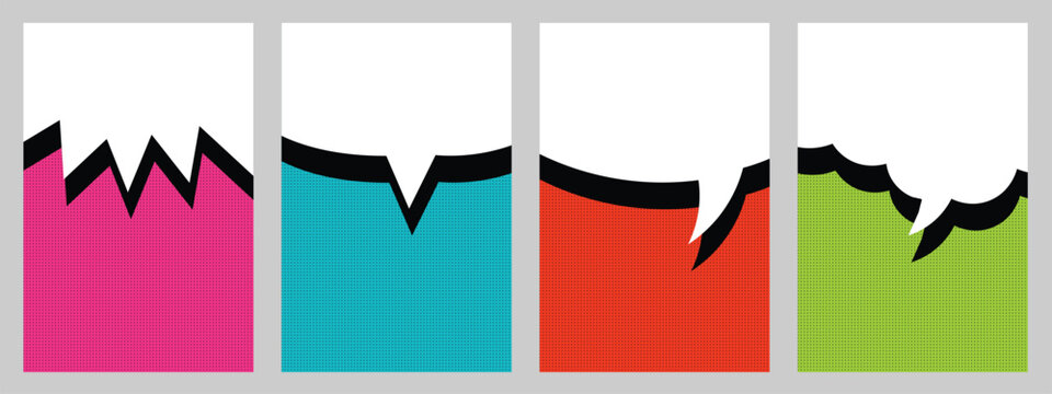 Comic book speech bubble stories banners set vector illustration. Modern pop art vertical frames, blank dialogue balloons, explosion burst layout collection for social media card, poster design.