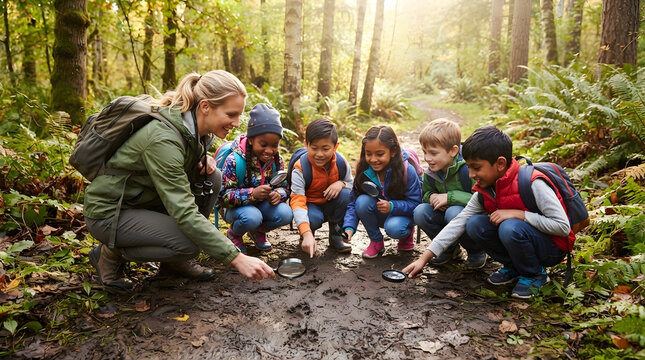 Diverse elementary children exploring wildlife footprints on forest trail with teacher during outdoor nature science class