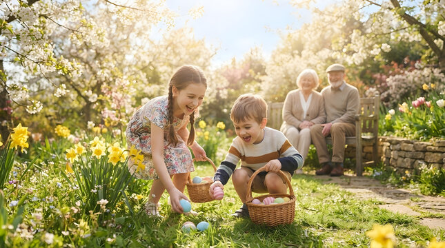 Happy family with children searching easter eggs in blooming spring backyard while grandparents watch from a garden bench