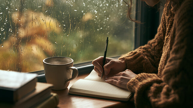 Woman Journaling With A Warm Drink Beside A Rain-Streaked Autumn Window, Soft Window Light, Telephoto Compression, Tight Framing, High-Contrast Tones, Photorealistic, Ultra-Detailed