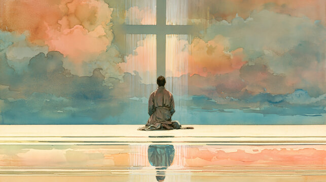 A figure kneels with their back to the viewer, facing a large cr