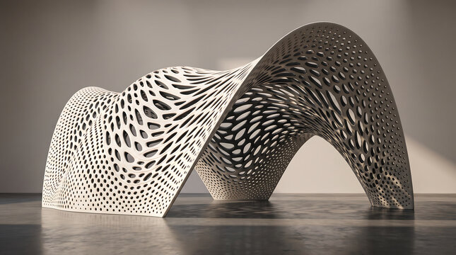 Parametric architectural shell structure with intricate perforated geometric pattern design