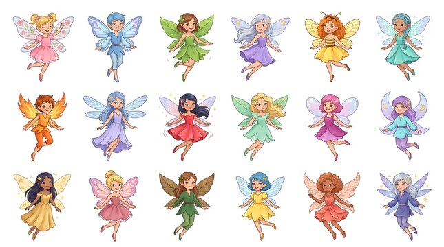 Group of diverse fairies with colorful wings and dresses flying in a cheerful pattern.