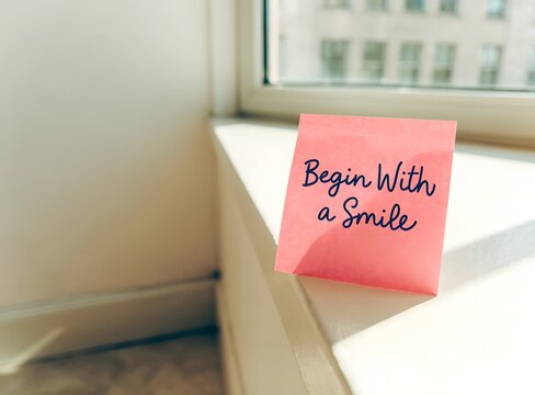 Pink sticky note with positive motivational message on window ledge