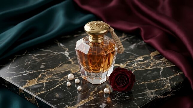 Luxury perfume bottle with rose and pearls on marble