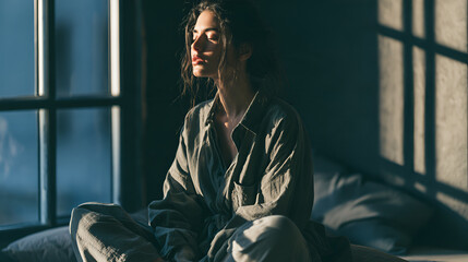 Fototapeta premium Woman Practicing Deep Breathing Exercises Seated On A Cushion Near A Window, Dramatic Side Lighting With Deep Shadows, Macro Lens, Fine Detail, Cool Muted Blue-Gray Palette, Photorealistic