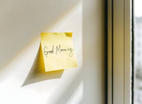 Bright yellow sticky note with good morning message on wall