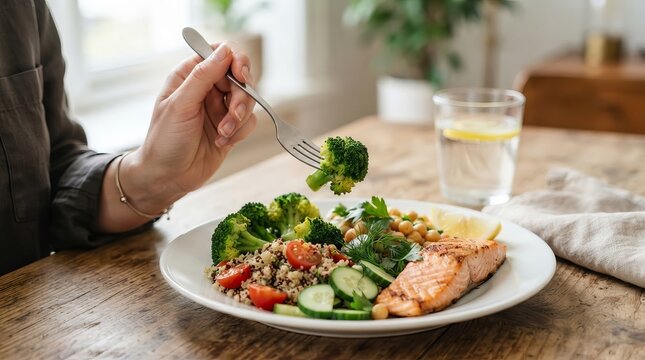 Close Up Of A Woman Using A Fork To Eat Grilled Salmon With Fresh Broccoli And Quinoa Salad Plate