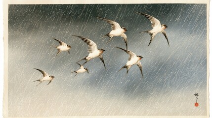 Fototapeta premium Japanese woodblock art, a flock of white swallows flying across a rainy sky, minimalist and poetic
