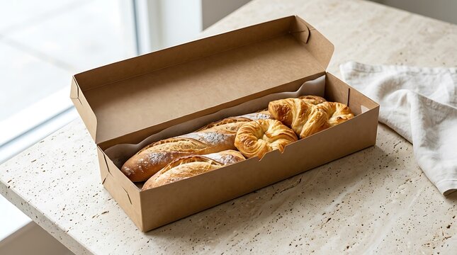 Fresh braided bread loaf in an open cardboard box on a stone table. bakery box mockup