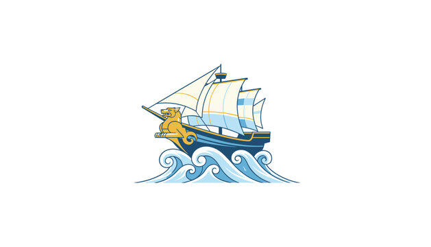 Illustration of a majestic wooden sailing ship with a golden wolf figurehead navigating through stylized ocean waves.