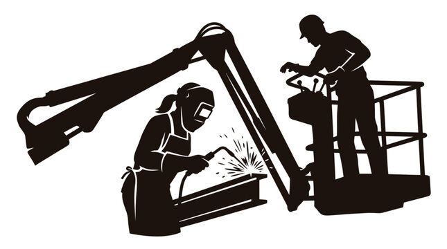 Construction workers welding and operating boom lift on transparent background