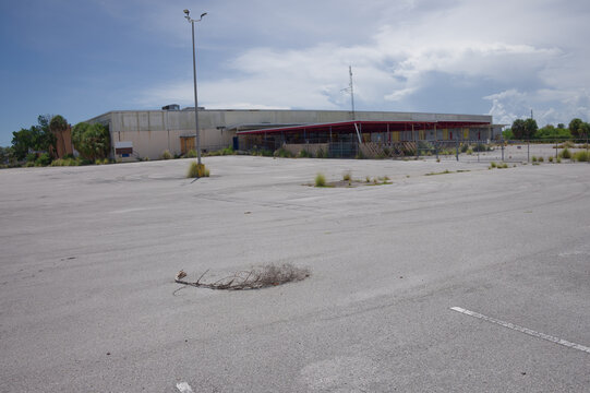 Abandoned brick commercial building with boarded entrance, palm trees and an empty parking lot under a bright blue sky conveying urban decay, neglect and quiet solitude.
