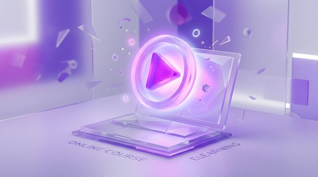 Glass laptop displaying a purple play button icon symbolizing online courses and e-learning concepts.