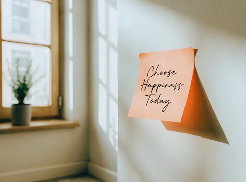 Bright motivational note choose happiness today on light wall near window