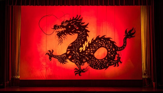 A magnificent Chinese dragon shadow puppet dancing across 