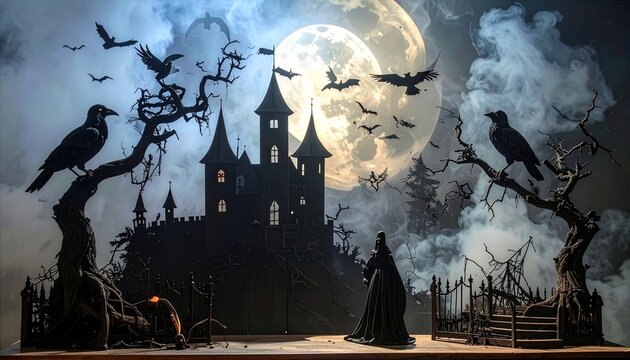 Dark gothic shadow puppet theater featuring a mysterious castle