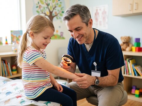 Pediatrician examining child skin mole with magnifying light pediatric skin checkup