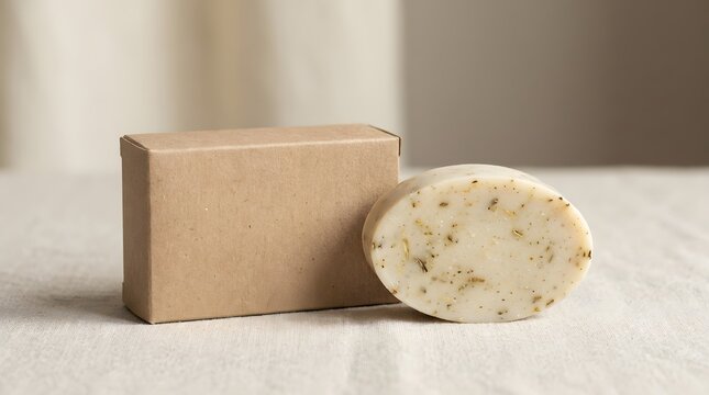 A bar of natural soap sits next to its kraft paper box on a light-colored table. The scene shows simple packaging and an organic product, with soft natural light