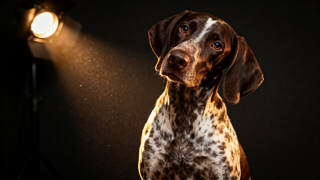 Studio portrait of a German Shorthaired Pointer dog lit by a dramatic spotlight against a dark background
