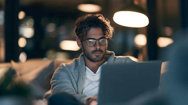 Young Professional Studying An Online Course On A Laptop At Home In The Evening, Soft Golden Hour Light, Shot On 85mm Lens, Shallow Depth Of Field, Cool Muted Blue-Gray Palette, Photorealistic