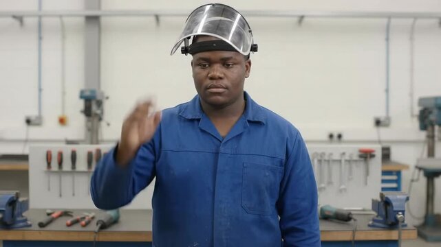 Engineering Student Raising Safety Visor In A Workshop