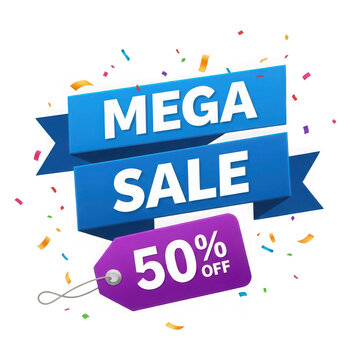 Blue mega sale banner with purple fifty percent off tag and colorful confetti
