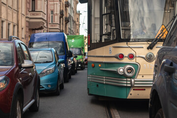 Obraz premium City tram on a street of Saint Petersburg in Russia