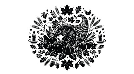 Fototapeta premium Cornucopia silhouette vector illustration featuring seasonal harvest vegetables fruits wheat stalks and autumnal leaves for design