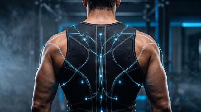 Athletic man wearing futuristic EMS biofeedback muscle training vest