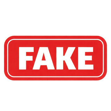 Red rectangular fake sign sticker with white bold text isolated on transparent background
