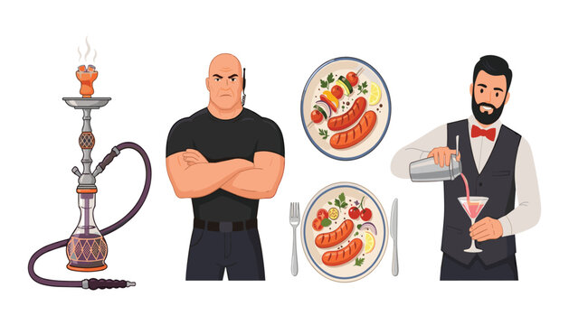 Vector illustration set of bar characters with a strong bouncer friendly bartender hookah and delicious grilled sausage plates,